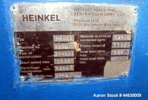 Used Heinkel HF-600 Inverting Filter Centrifuge. Hastelloy C-4