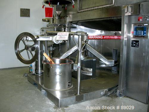 USED: Heinkel model HF800.1 inverting filter centrifuge. Wetted parts Hastelloy C22. 800 mm bowl, max bowl speed 1600 rpm. Approximate drum capacity 149 kg/119 L. Driven by a 40 hp motor. Built 1992....