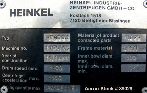 USED: Heinkel model HF800.1 inverting filter centrifuge. Wetted parts Hastelloy C22. 800 mm bowl, max bowl speed 1600 rpm. A...