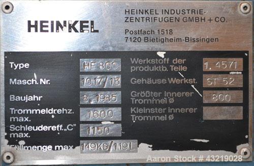 Used Stainless Steel Heinkel Inverting Filter Centrifuge, Model HF-800