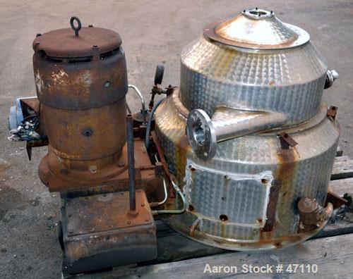 Used Sharples M-210 Conejector Screening Centrifuge. 316 Stainless steel (product contact areas). 8 Lead, 2/3 turn, 2" pitch helical screw conveyor, micro perforated plate bowl screen with 1/4" long ...