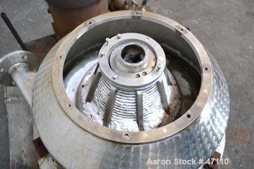 Used Sharples M-210 Conejector Screening Centrifuge. 316 Stainless steel (product contact areas). 8 Lead, 2/3 turn, 2" pitch helical screw conveyor, micro perforated plate bowl screen with 1/4" long ...