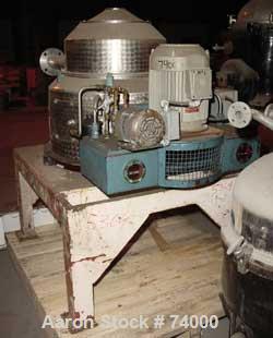 USED: Sharples M-210 Conejector screening centrifuge. 316 stainless steel, gearbox, torque arm assembly, casing, rinse fitting, drive motor, 220/440/3/60, 1.25 hp lubrication pump, control. Mounted o...