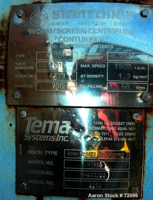 USED: Siebtechnik/Tema H-700 Conturbex filtering/screening centrifuge. 316ti stainless steel construction (product contact areas), 317 stainless steel constant angle bowl assembly, max bowl speed 150...