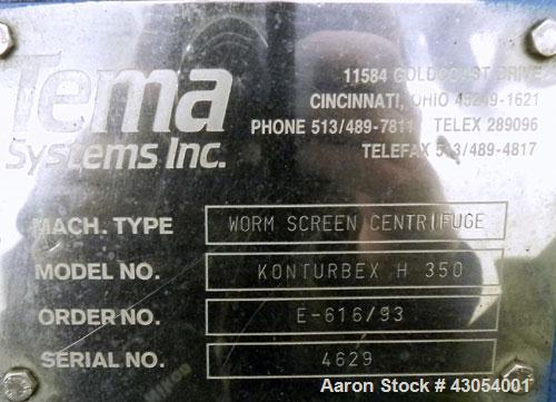 Used Tema H350 Conturbex Horizontal Worm/Screen Centrifuge. 316 Stainless steel construction on product contact areas. 10 Degree basket design, 3" triple lead worm scroll for continuous solids discha...