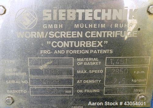 Used Tema H350 Conturbex Horizontal Worm/Screen Centrifuge. 316 Stainless steel construction on product contact areas. 10 Degree basket design, 3" triple lead worm scroll for continuous solids discha...