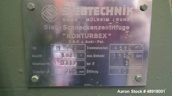 Used Siebtechnik H700 Stainless Steel Worm Screen Centrifuge.