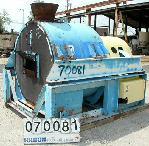 USED: Tema HSG-1100 screening centrifuge, carbon steel. Constant angle bowl design, 48" diameter x 28" deep bowl assembly with bar screen, feed pipe, casing, hydraulic lubrication system, 30 hp drive...