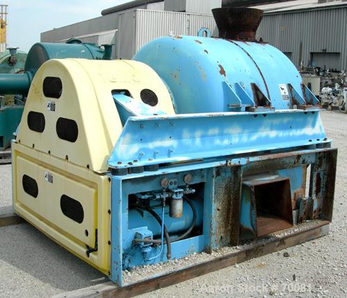 USED: Tema HSG-1100 screening centrifuge, carbon steel. Constant angle bowl design, 48" diameter x 28" deep bowl assembly with bar screen, feed pipe, casing, hydraulic lubrication system, 30 hp drive...