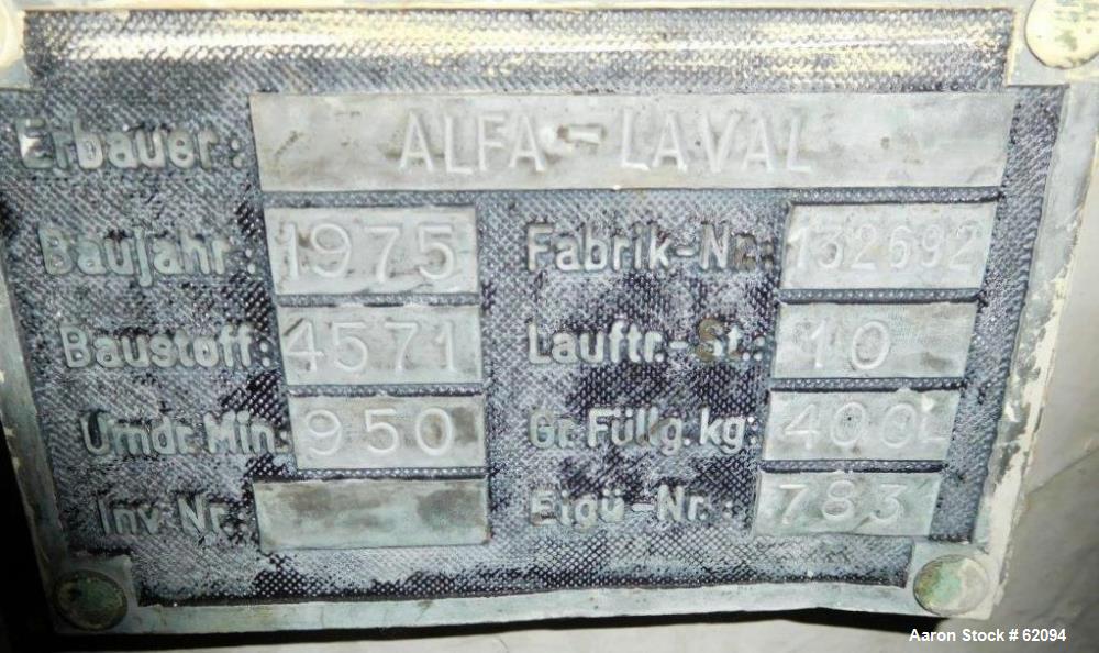 Used Alfa Laval Vertical Basket Centrifuge, Type PAZ12506