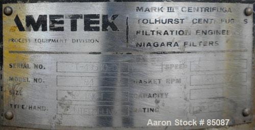 Used Ametek Centerslung Perforated Basket Centrifuge, Model 84