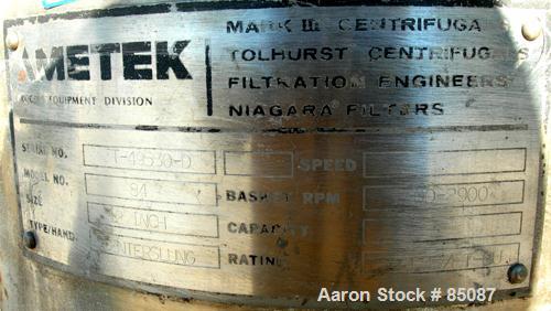 Used Ametek Centerslung Perforated Basket Centrifuge, Model 84