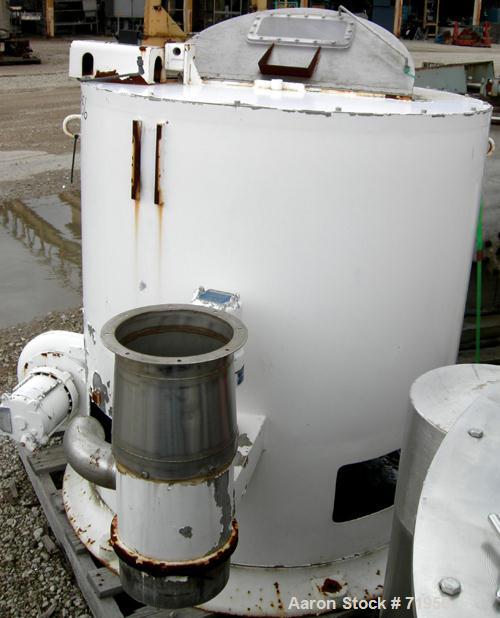 USED: Barrett washer dryer centrifuge, model WDS. Stainless steel. Approximately 36" diameter x 14" deep. Top door with sightglass. Rated approx 15 loads per hour at 250 pounds per load. 900 rpm. Dir...