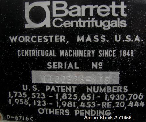 USED: Barrett washer dryer centrifuge, model WDS. Stainless steel. Approximately 36" diameter x 14" deep. Top door with sightglass. Rated approx 15 loads per hour at 250 pounds per load. 900 rpm. Dir...