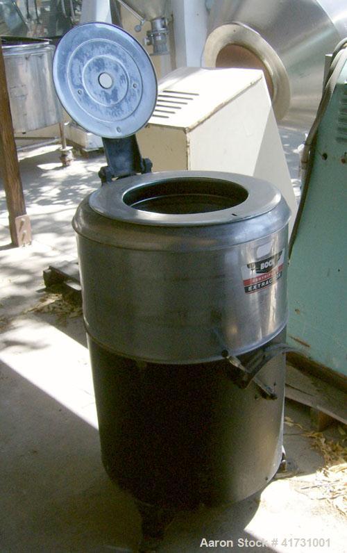 Used Bock Centrifugal Extractor, Model 24-0, stainless steel. 16" diameter x 9" deep perforated basket, top load and unload, maximum rpm 1725. Driven by a 1/2 hp, 1/60/115/230 volt, 1725 rpm motor.