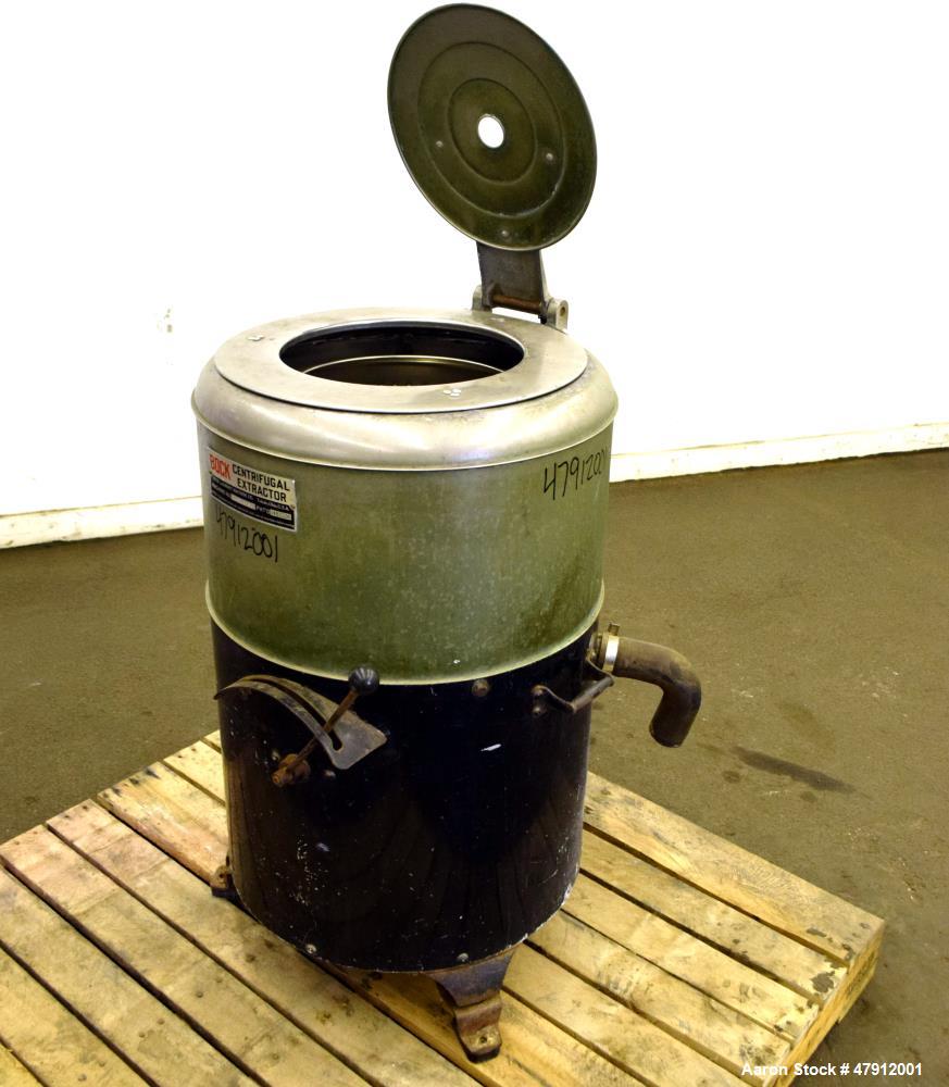 Used Bock Centrifugal Extractor, Model 24-B-C. 17" Diameter x 9" deep Alloy 400 perforated basket. 15 Pound dry capacity, top load & unload. Includes a top cover, and a manual brake. Driven by an app...