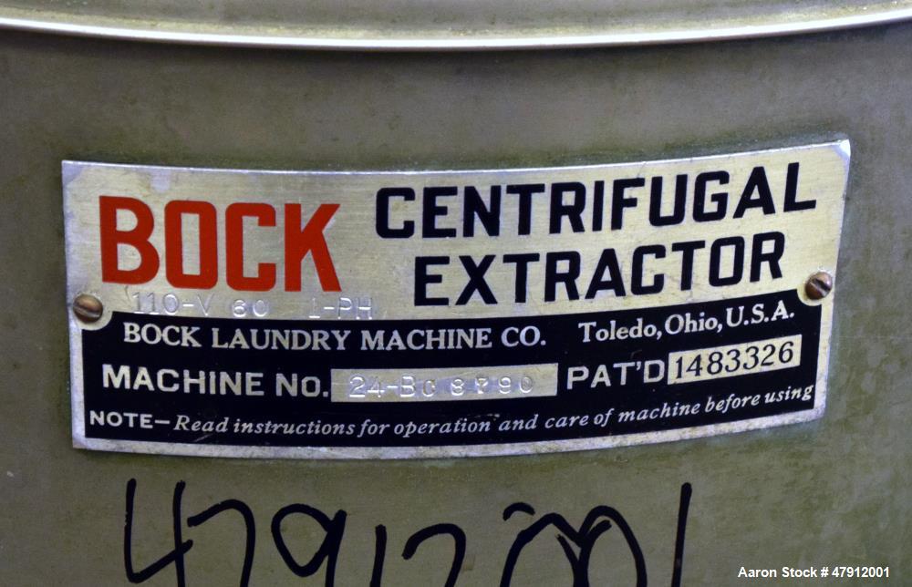 Used Bock Centrifugal Extractor, Model 24-B-C. 17" Diameter x 9" deep Alloy 400 perforated basket. 15 Pound dry capacity, top load & unload. Includes a top cover, and a manual brake. Driven by an app...