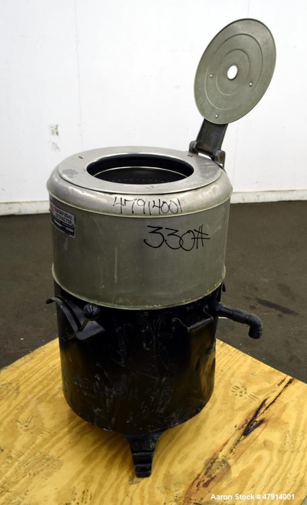 Used Bock Centrifugal Extractor, Model 24-BC. 17" Diameter x 9" deep Alloy 400 perforated basket. 15 Pound dry capacity, top load & unload. Includes a top cover, and a manual brake. Driven by an appr...