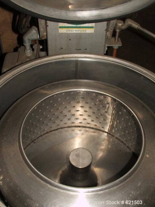 USED: Bock 655 perforated basket centrifuge, stainless steelconstruction on product contact areas. Top load, top unload, maxbasket speed 1725 rpm, hinged full access top cover, belt driveconfiguratio...