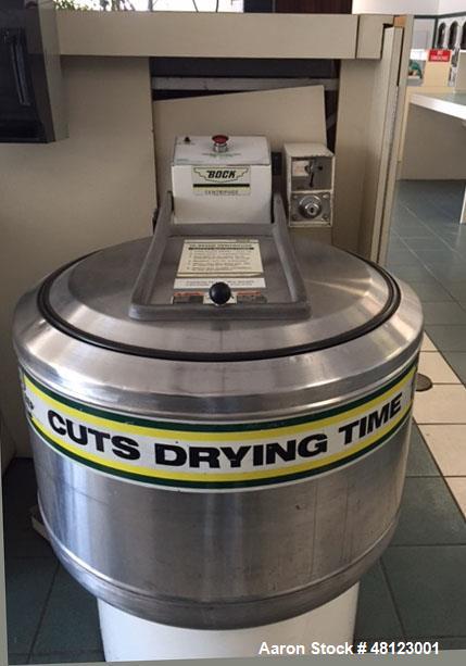 Used Bock Centrifuge, Model 606. 60 lb. dry weight capacity. 30" wide inside tub. Stainless steal perforated basket 14 1/2" deep, top load and unload. 3hp 220v controls, 440v/60hz/3.