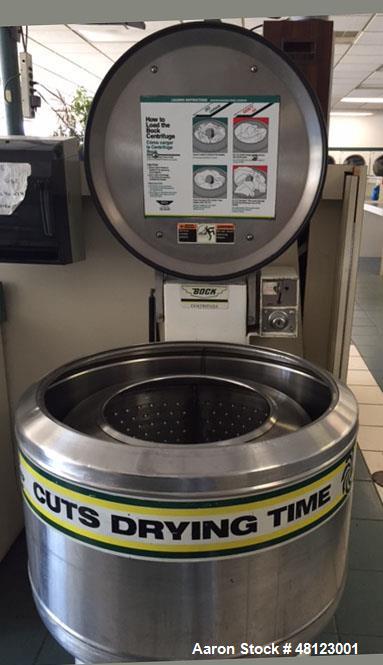 Used Bock Centrifuge, Model 606. 60 lb. dry weight capacity. 30" wide inside tub. Stainless steal perforated basket 14 1/2" deep, top load and unload. 3hp 220v controls, 440v/60hz/3.