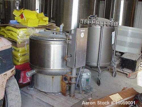Used Bock 805TX perforated basket centrifuge, stainless steel construction on product contact areas. Top load, top unload, max bowl speed 2250 rpm, 2.19 cubic foot cake capacity, hinged inspection do...
