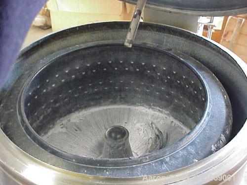 Used Bock 805TX perforated basket centrifuge, stainless steel construction on product contact areas. Top load, top unload, max bowl speed 2250 rpm, 2.19 cubic foot cake capacity, hinged inspection do...