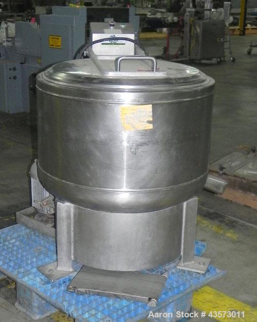 Used Bock FP-805 Food Processing Centrifuge. 304 Stainless steel product contact areas. Approximate 30” diameter x 15” deep perforated basket, top load/unload. Maximum bowl speed 1740 rpm. Approximat...
