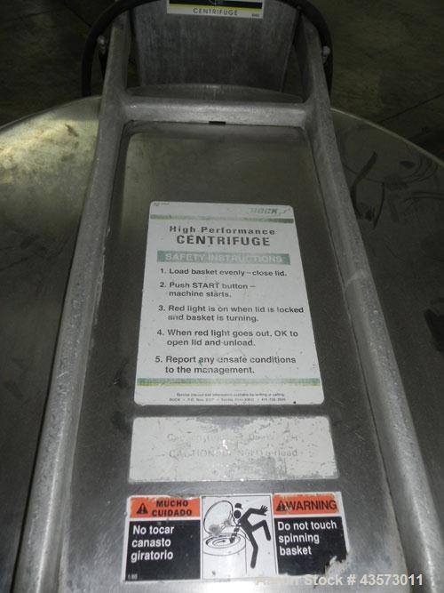 Used Bock FP-805 Food Processing Centrifuge. 304 Stainless steel product contact areas. Approximate 30” diameter x 15” deep perforated basket, top load/unload. Maximum bowl speed 1740 rpm. Approximat...