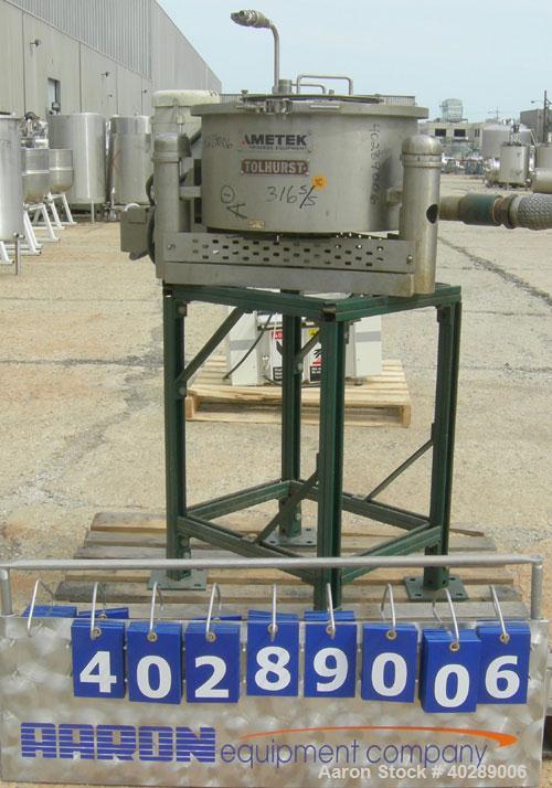 Used Tolhurst/Ametek center slung 16" x 6" perforated basket centrifuge, 316 stainless steel construction (product contact areas), top load, top unload, max bowl speed 1880 rpm, variable speed drive,...