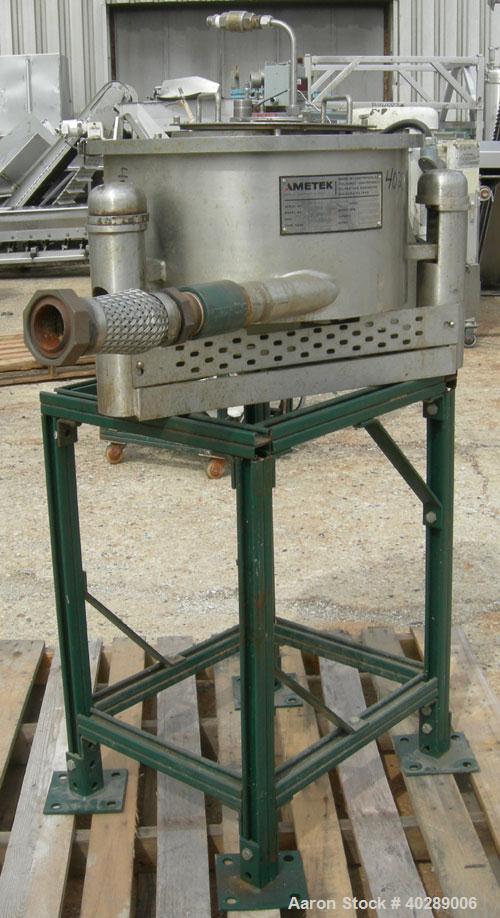 Used Tolhurst/Ametek center slung 16" x 6" perforated basket centrifuge, 316 stainless steel construction (product contact areas), top load, top unload, max bowl speed 1880 rpm, variable speed drive,...
