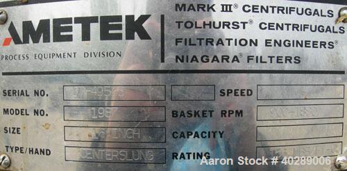 Used Tolhurst/Ametek center slung 16" x 6" perforated basket centrifuge, 316 stainless steel construction (product contact areas), top load, top unload, max bowl speed 1880 rpm, variable speed drive,...