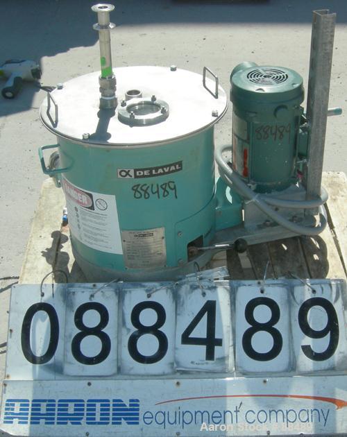 USED: Delaval model BB 12" x 5.5" perforated basket centrifuge, 316 stainless steel product contact areas. Top load/unload. Max bowl speed 3300 rpm, basket rated .2 cubic foot, 50 pound load capacity...
