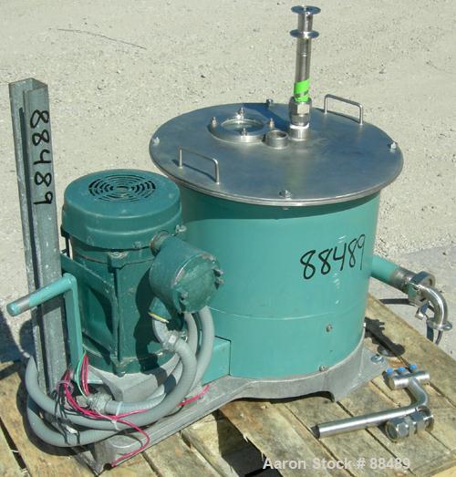 USED: Delaval model BB 12" x 5.5" perforated basket centrifuge, 316 stainless steel product contact areas. Top load/unload. Max bowl speed 3300 rpm, basket rated .2 cubic foot, 50 pound load capacity...