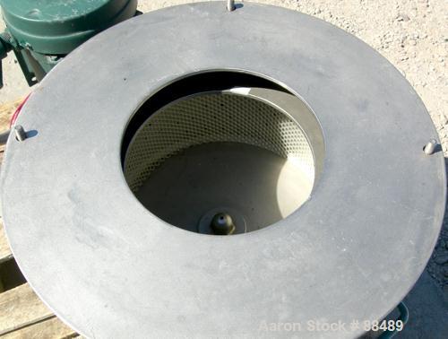 USED: Delaval model BB 12" x 5.5" perforated basket centrifuge, 316 stainless steel product contact areas. Top load/unload. Max bowl speed 3300 rpm, basket rated .2 cubic foot, 50 pound load capacity...