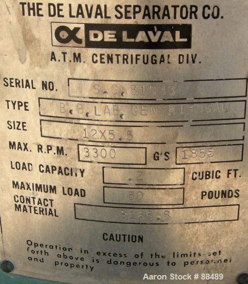 USED: Delaval model BB 12" x 5.5" perforated basket centrifuge, 316 stainless steel product contact areas. Top load/unload. Max bowl speed 3300 rpm, basket rated .2 cubic foot, 50 pound load capacity...