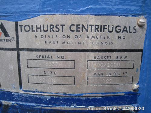 Used Ketema Tolhurst Basket Centrifuge, top load and unload, 316L stainless steel product contact surfaces, 30" diameter x 18" deep perforated basket, 500/1000 rpm bowl speed, 129#/cu ft material den...