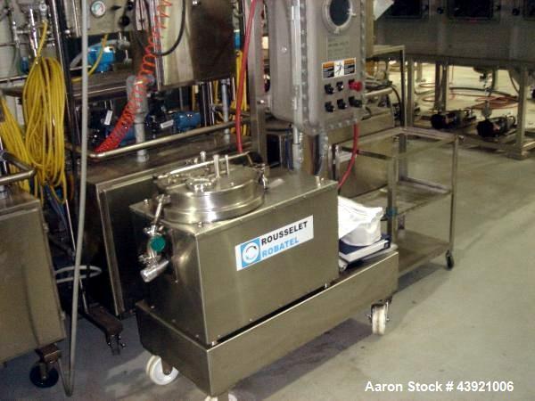 Used Rouselet-Robatel Centrifuge, Type RC 20 VXR. Hastelloy C22 construction, 200mm(7.8") diameter x 100mm (3.9") deep perforated basket, 2 liter bowl volume, 2.5 kg max. load, 230 volt explosion pro...