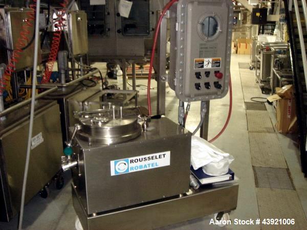 Used Rouselet-Robatel Centrifuge, Type RC 20 VXR. Hastelloy C22 construction, 200mm(7.8") diameter x 100mm (3.9") deep perforated basket, 2 liter bowl volume, 2.5 kg max. load, 230 volt explosion pro...