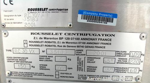 USED: Rousselet 12" x 6" perforated basket centrifuge, model RC30VX, 304 stainless steel construction on product contact areas. Top load/unload, 3000 rpm max basket speed. 5 liter and 6 kg load capac...