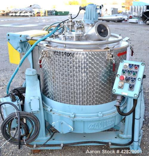 Used Rousselet SC85-3KSAR Perforated Basket Centrifuge. 316 Stainless steel construction on product contact areas, top load, top unload, maximum bowl speed 1300 rpm (800 x G force), tripod suspension...