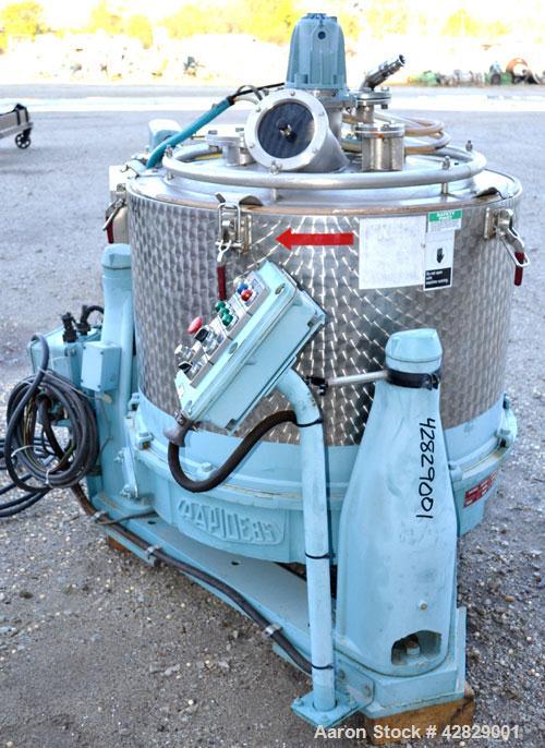 Used Rousselet SC85-3KSAR Perforated Basket Centrifuge. 316 Stainless steel construction on product contact areas, top load, top unload, maximum bowl speed 1300 rpm (800 x G force), tripod suspension...