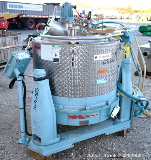 Used Rousselet SC85-3KSAR Perforated Basket Centrifuge. 316 Stainless steel construction on product contact areas, top load, top unload, maximum bowl speed 1300 rpm (800 x G force), tripod suspension...