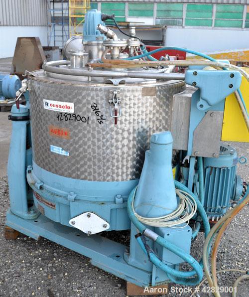 Used Rousselet SC85-3KSAR Perforated Basket Centrifuge. 316 Stainless steel construction on product contact areas, top load, top unload, maximum bowl speed 1300 rpm (800 x G force), tripod suspension...