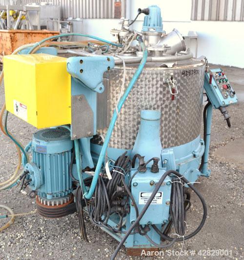 Used Rousselet SC85-3KSAR Perforated Basket Centrifuge. 316 Stainless steel construction on product contact areas, top load, top unload, maximum bowl speed 1300 rpm (800 x G force), tripod suspension...