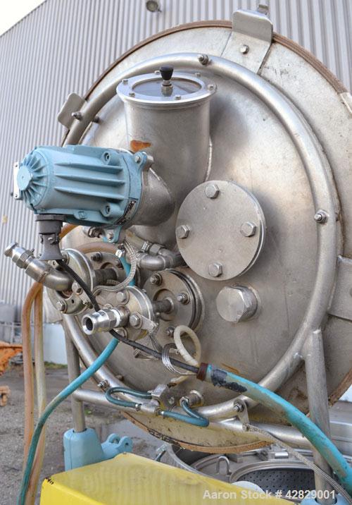 Used Rousselet SC85-3KSAR Perforated Basket Centrifuge. 316 Stainless steel construction on product contact areas, top load, top unload, maximum bowl speed 1300 rpm (800 x G force), tripod suspension...