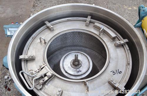 Used Rousselet SC85-3KSAR Perforated Basket Centrifuge. 316 Stainless steel construction on product contact areas, top load, top unload, maximum bowl speed 1300 rpm (800 x G force), tripod suspension...