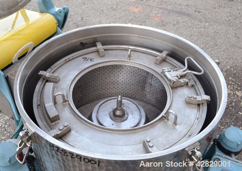 Used Rousselet SC85-3KSAR Perforated Basket Centrifuge. 316 Stainless steel construction on product contact areas, top load, top unload, maximum bowl speed 1300 rpm (800 x G force), tripod suspension...