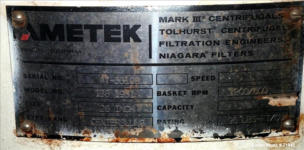 Used- Ametek/Tolhurst Perforated Basket Centrifuge