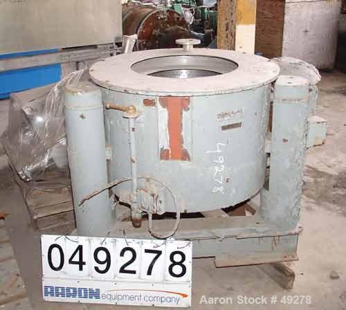 USED:Tolhurst 30" x 17" perforated basket centrifuge, 316 stainless steel. Max bowl speed 1400 rpm. Top load, top unload, tri-pod suspension system, approximate 5 hp two speed drive motor, manual bra...